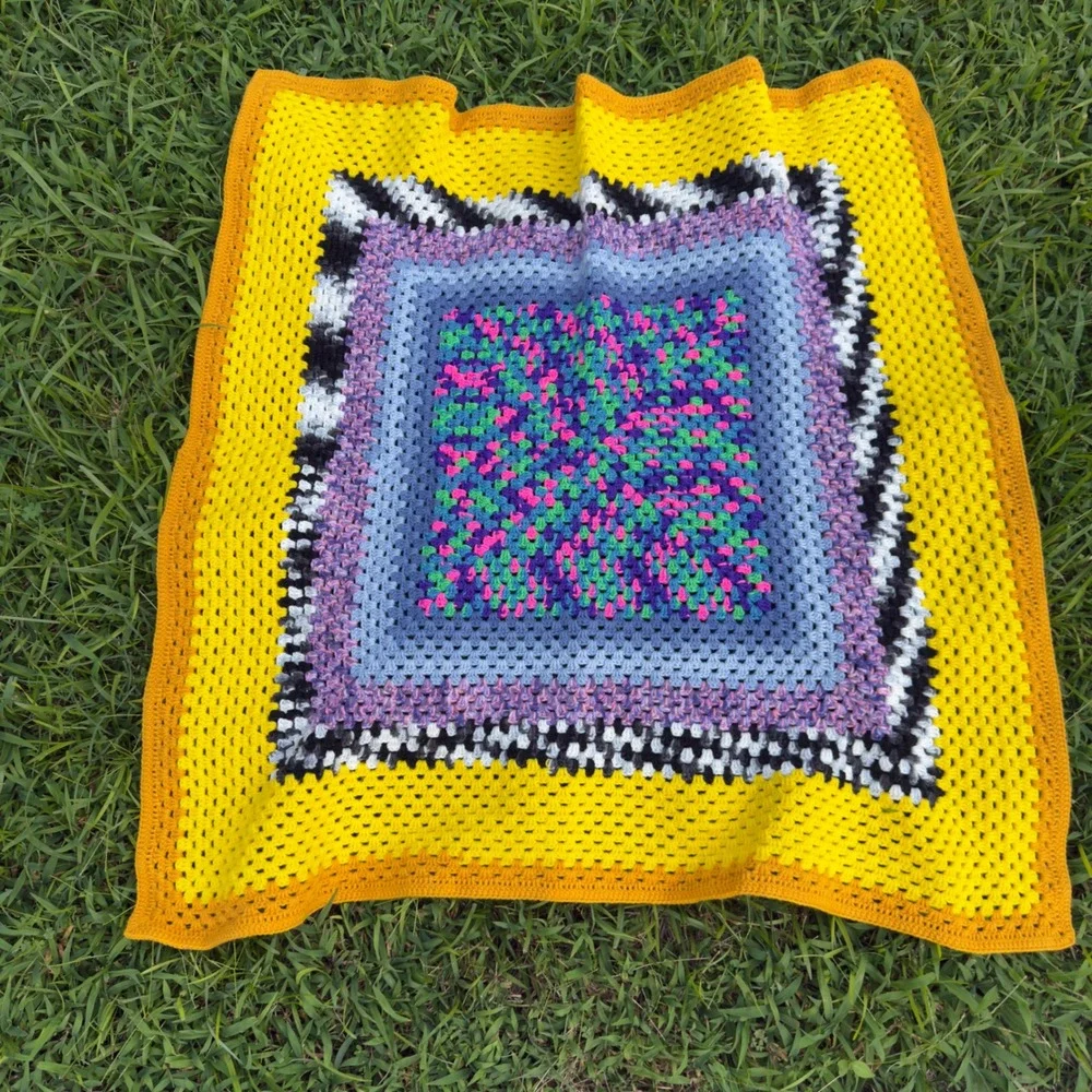 Handmade Crochet Granny Square Baby Blanket Yellow Blue Purple Boho 38x38